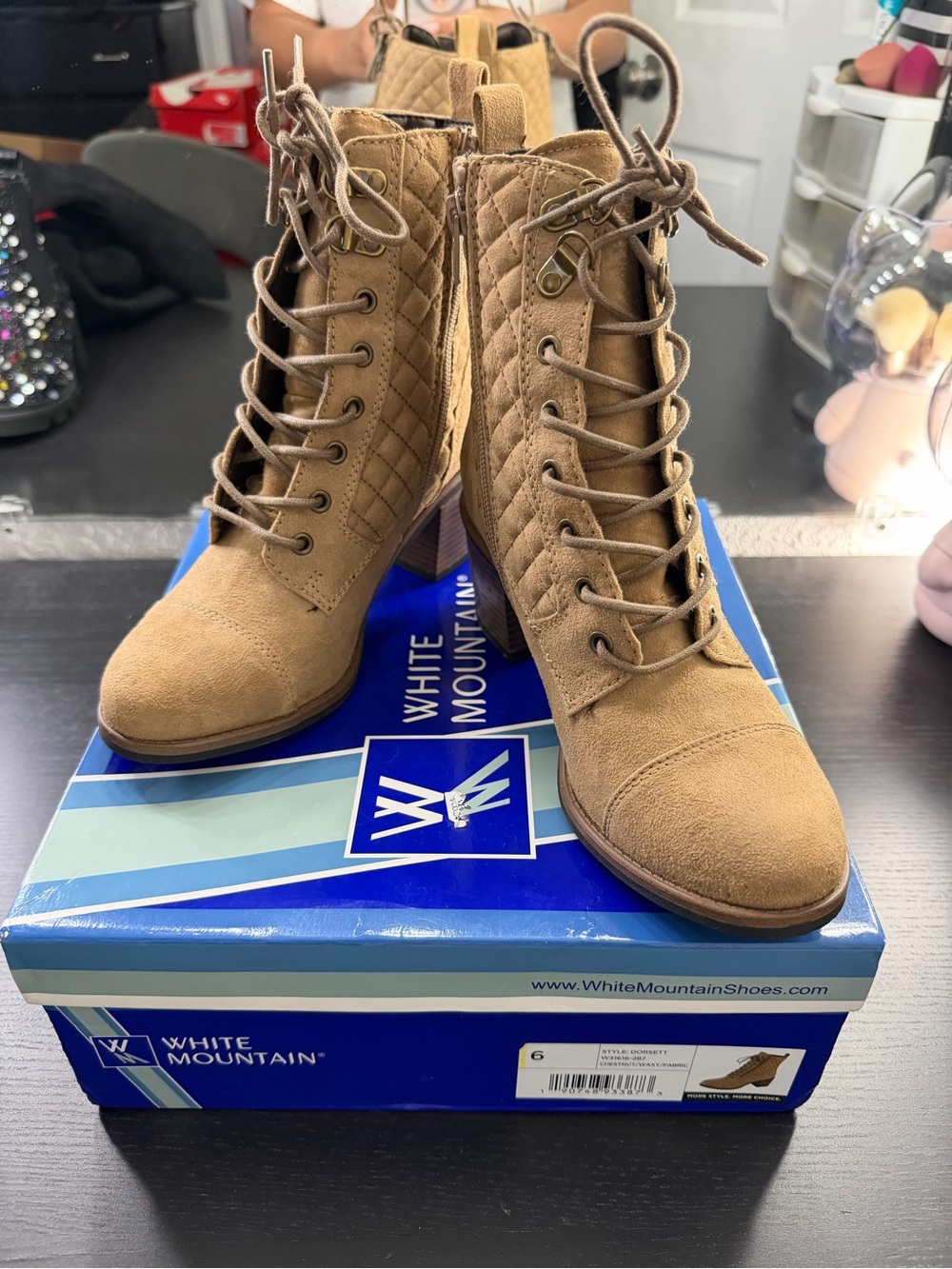 White Mountain Tan Quilted Lace-Up Ankle Boots